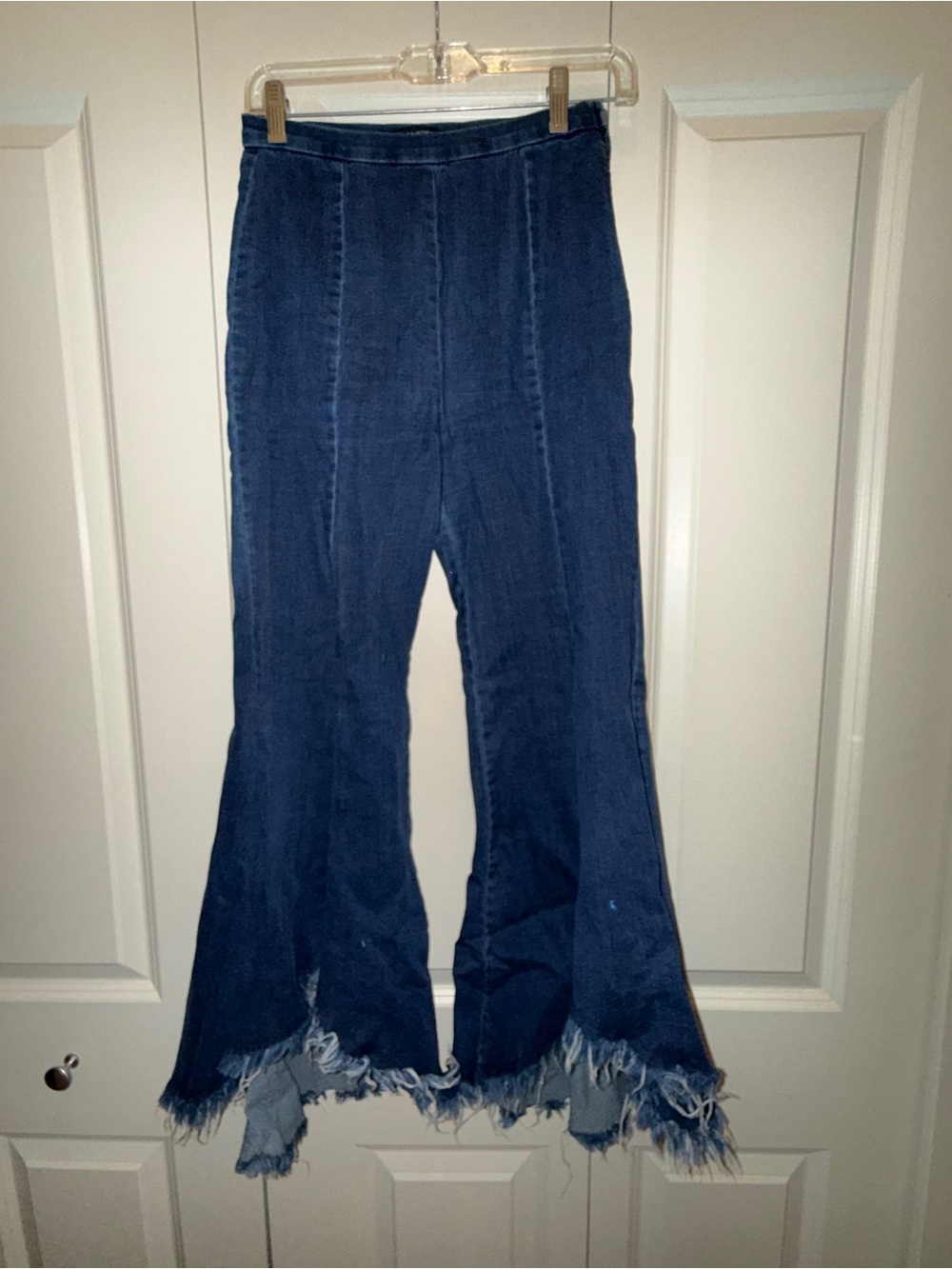 Zara Dark Blue High-Waist Flare Jeans with Frayed Hem